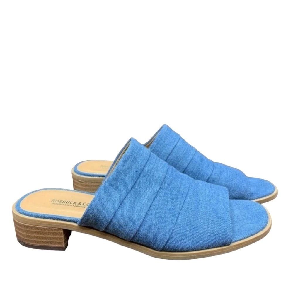 Roebuck & Co. Womens Slider Sandals Block Heels Shoes Blue Slip On 8